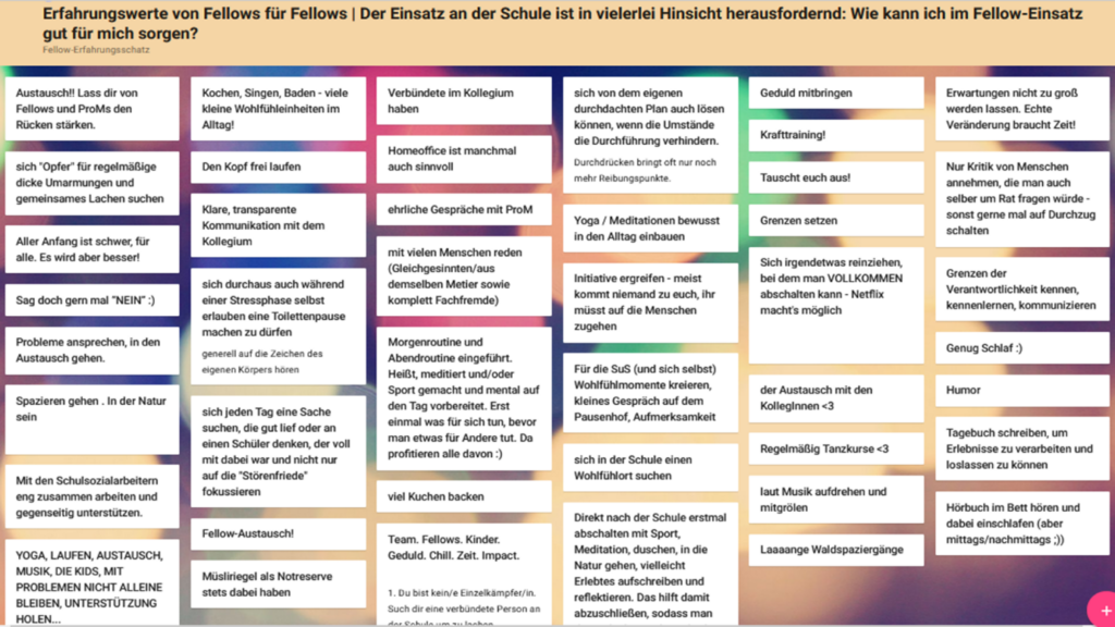 Screenshot eines Padlets unter dem Thema: „Erfahrungswerte von Fellows für Fellows | Der Einsatz an der Schule ist in vielereli Hinsicht herausfordernd: Wie kann ich im Fellow-Einsatz gut für mich sorgen?“ Darunter sind in weißen Boxen viele kurze und lange Tipps gesammelt.