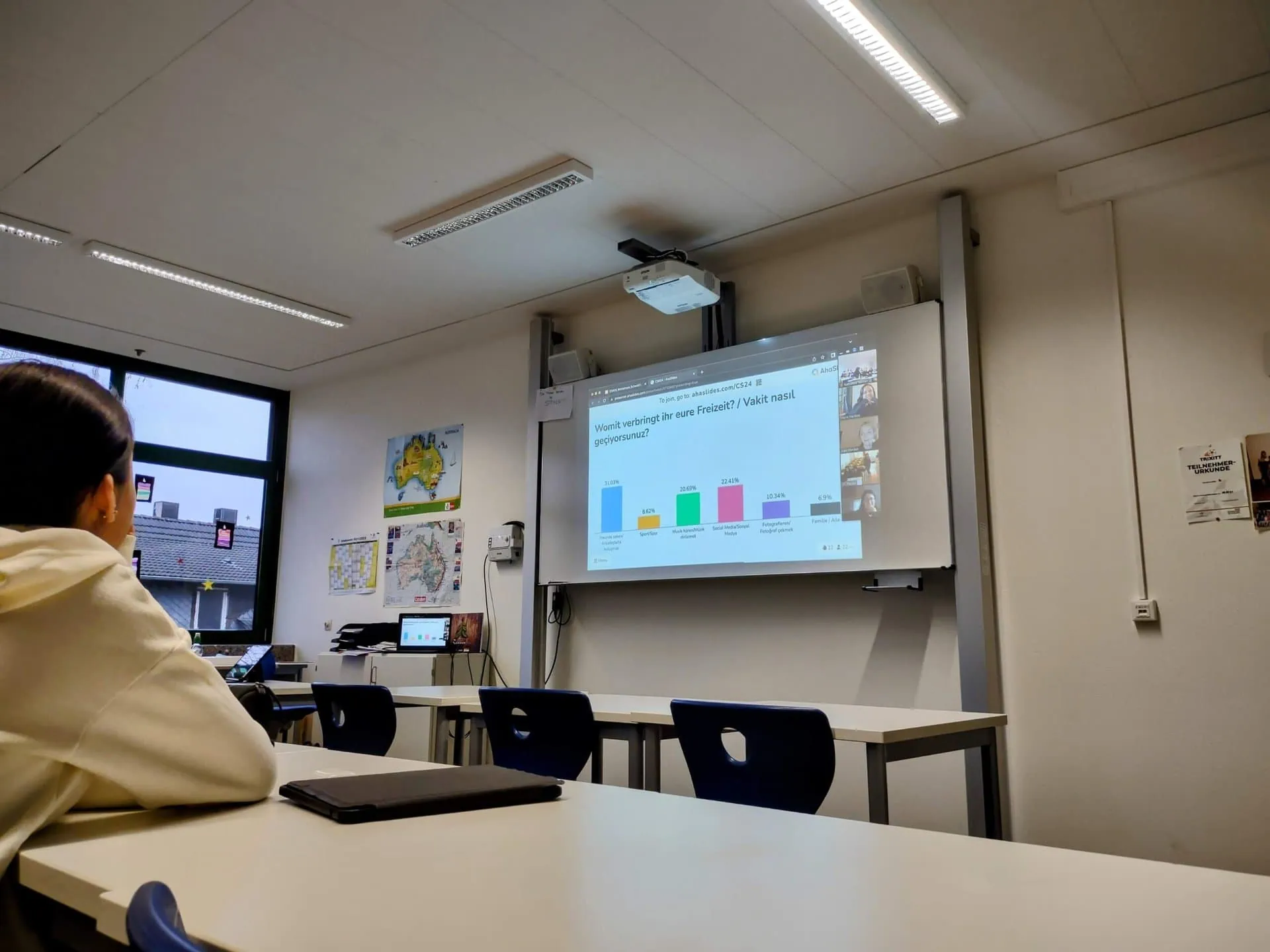 Blick auf die Leinwand, auf den der Beamer einen Teams-Call, in dem Grafiken präsentiert werden, wirft